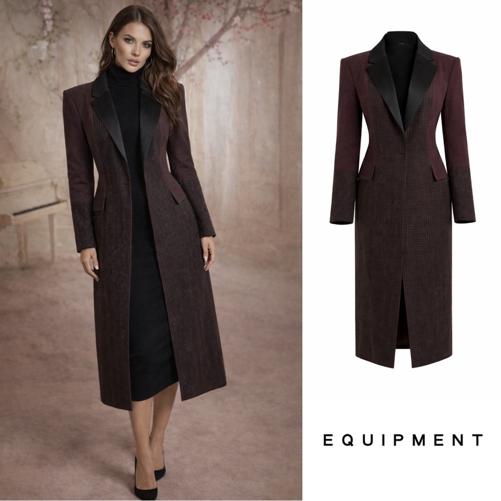 NEW Equipment Long Wool-Blend Blocked Arostide Burgundy Tailored Coat - Picture 1 of 12